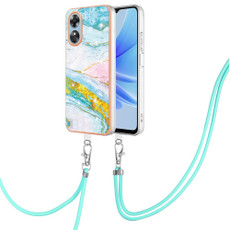 For OPPO A17 Electroplating Marble Dual-side IMD Phone Case with Lanyard(Green 004)