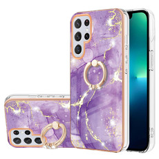 For Samsung Galaxy S23 Ultra 5G Electroplating Marble IMD TPU Phone Case with Ring Holder(Purple 002)