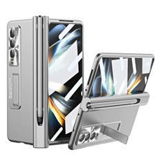For Samsung Galaxy Z Fold3 5G Electroplating Corrugated Hinge Folding Phone Case with Pen Slot(Silver)