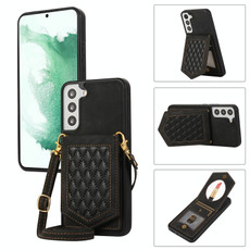 For Samsung Galaxy S21 FE 5G Rhombic Texture RFID Phone Case with Lanyard & Mirror(Black)