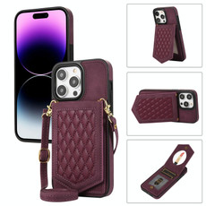 For iPhone 14 Pro Max Rhombic Texture RFID Phone Case with Lanyard & Mirror(Wine Red)