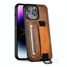 For iPhone 11 Pro Max Suteni H13 Card Wallet Wrist Strap Holder PU Phone Case(Brown)