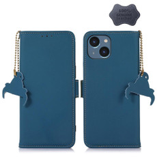 For iPhone 14 Plus Genuine Leather Magnetic RFID Leather Phone Case(Blue)