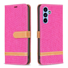 For Samsung Galaxy A54 5G Color Block Denim Texture Leather Phone Case(Rose Red)