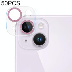 For iPhone 14 / 14 Plus 50pcs Tempered Glass Glitter CD Texture Back Camera Film(Pink)