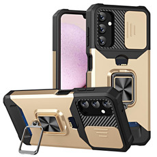 For Samsung Galaxy A14 5G Sliding Camshield Phone Case with Ring Holder & Card Slot(Gold)