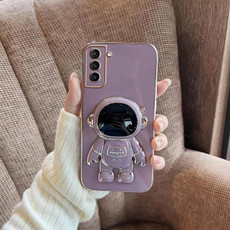 For Samsung Galaxy S21 Ultra 5G Plating Astronaut Holder Phone Case(Purple)