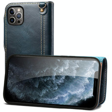 For iPhone 13 Pro Max Denior Oil Wax Cowhide Magnetic Button Genuine Leather Case(Dark Blue)