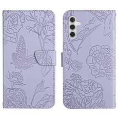 For Samsung Galaxy A14 5G HT03 Skin Feel Butterfly Embossed Flip Leather Phone Case(Purple)