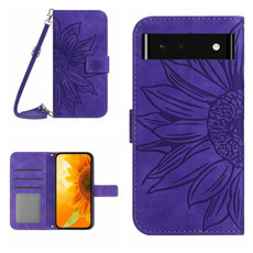For Google Pixel 6 Skin Feel Sun Flower Pattern Flip Leather Phone Case with Lanyard(Dark Purple)