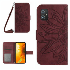 For Asus ZenFone 8 ZS590KS Skin Feel Sun Flower Pattern Flip Leather Phone Case with Lanyard(Wine Red)