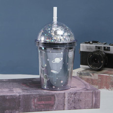 Double Star Plastic Cup Cartoon Water Cup With Straw, Color: 350ml Black