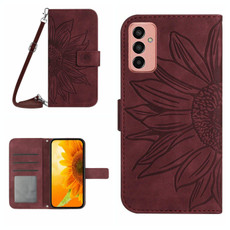 For Samsung Galaxy M23 5G Skin Feel Sun Flower Pattern Flip Leather Phone Case with Lanyard(Wine Red)