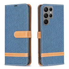 For Samsung Galaxy S23 Ultra 5G Color Block Denim Texture Leather Phone Case(Dark Blue)