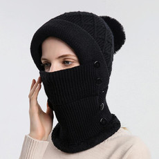 Women One-piece Hat Scarf Warm Knitted Hat Plus Velvet Overhead Cap(Black)