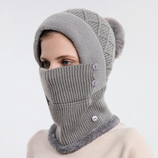 Women One-piece Hat Scarf Warm Knitted Hat Plus Velvet Overhead Cap(Gray)