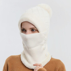 Women One-piece Hat Scarf Warm Knitted Hat Plus Velvet Overhead Cap(White)