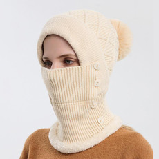 Women One-piece Hat Scarf Warm Knitted Hat Plus Velvet Overhead Cap(Beige)