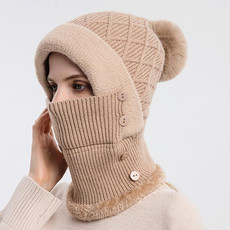 Women One-piece Hat Scarf Warm Knitted Hat Plus Velvet Overhead Cap(Khaki)