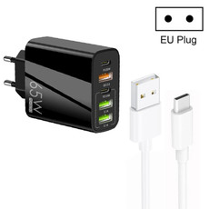 65W Dual PD Type-C + 3 x USB Multi Port Charger with 3A USB to Type-C Data Cable, EU Plug(Black)