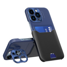 For iPhone 14 Plus Contrasting Colors Invisible Holder Phone Case(Dark Black Blue)