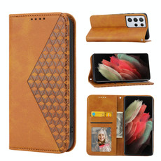 For Samsung Galaxy S21 Ultra 5G Cubic Grid Calf Texture Magnetic Closure Leather Phone Case(Yellow)