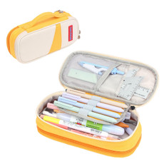 Deer Forest BL-A003 Macaron Large-capacity Double-layer Canvas Pencil Case Stationery Box(Orange Yellow)