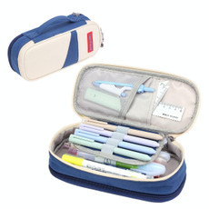 Deer Forest BL-A003 Macaron Large-capacity Double-layer Canvas Pencil Case Stationery Box(Navy Blue)