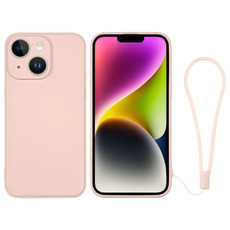 For iPhone 14 Plus Silicone Phone Case with Wrist Strap(Pink)