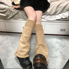 Girls Solid Color Pile Up Socks Knitted Mid-tube Warm Boot Cover(Khaki)