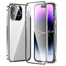 For iPhone 14 Pro Max Magnetic Double-buckle HD Tempered Glass Phone Case (Silver)