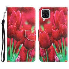 For Samsung Galaxy A12 Colored Drawing Leather Phone Case(Tulips)