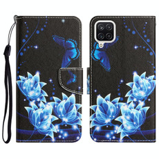 For Samsung Galaxy A12 Colored Drawing Leather Phone Case(Blue Butterfly)