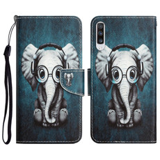 For Samsung Galaxy A50 Colored Drawing Leather Phone Case(Earphone Elephant)
