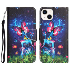 For iPhone 14 Plus Colored Drawing Leather Phone Case (Bottle Butterfly)