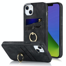 For iPhone 14 Plus Vintage Patch Leather Phone Case with Ring Holder (Black)