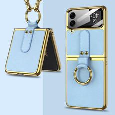 For Samsung Galaxy Z Flip4 GKK Plating + Leather Phone Case with Ring & Strap(Blue) For Samsung Galaxy Z Flip4 GKK Plating + Leather Phone Case with Ring & Strap(Blue)