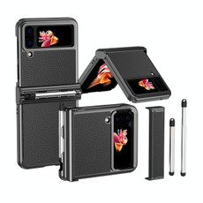 For Samsung Galaxy Z Flip3 5G Litchi Texture Leather Hinged Electroplated Phone Case with Pen(Black)
