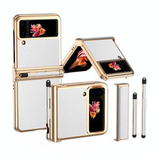 For Samsung Galaxy Z Flip3 5G Litchi Texture Leather Hinged Electroplated Phone Case with Pen(Gold White)