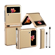 For Samsung Galaxy Z Flip3 5G Litchi Texture Leather Hinged Electroplated Phone Case with Pen(Gold)