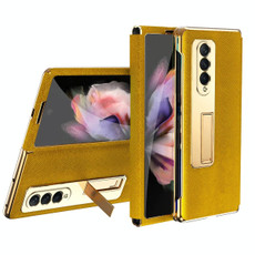 For Samsung Galaxy Z Fold3 5G Cross Texture Integrated Electroplating Hinge Flip Phone Case with Tempered Film(Gold)