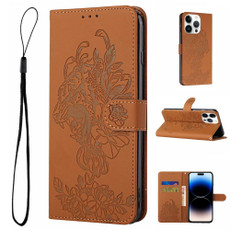 For iPhone 14 Pro Max Tiger Flower Embossing Leather Phone Case (Brown)
