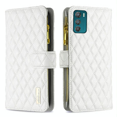 For Motorola Moto G42 4G Diamond Lattice Zipper Wallet Leather Flip Phone Case(White)