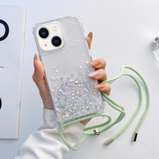 For iPhone 14 Plus Lanyard Glitter Epoxy Clear Phone Case (Green)