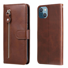 For iPhone 14 Plus Fashion Calf Texture Zipper Horizontal Flip Leather Phone Case (Brown)