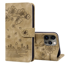 For iPhone 13 Pro Cartoon Sakura Cat Embossed Leather Case (Brown)