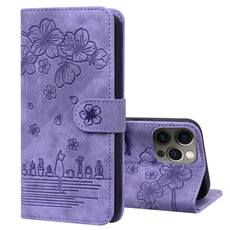 For iPhone 13 Pro Max Cartoon Sakura Cat Embossed Leather Case (Purple)
