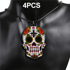 4 PCS Halloween Skull Necklace Acrylic Personalized Pendant Jewelry(Flower Ghost Head)