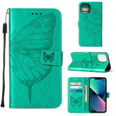 For iPhone 14 Embossed Butterfly Leather Phone Case (Green)