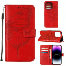 For iPhone 14 Pro Embossed Butterfly Leather Phone Case (Red)